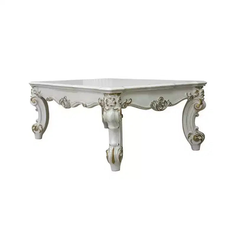 Royal Hampton 53 Inch Coffee Table, Traditional Scrolled Legs, Brushed Gold, White