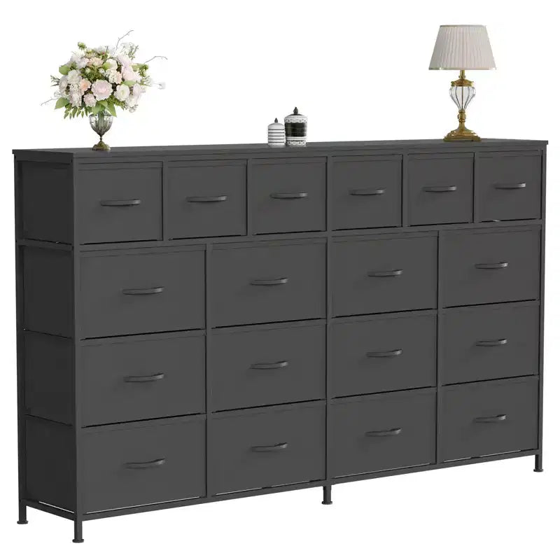 Storage cabinet with 18 fabric drawers, featuring a charging station and wooden countertop, suitable for bedrooms and living rooms.