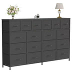 Storage cabinet with 18 fabric drawers, featuring a charging station and wooden countertop, suitable for bedrooms and living rooms.