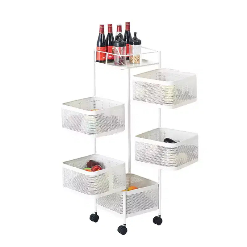 5 Tier Rotating Kitchen Storage Rack, Metal Mesh Kitchen Trolley Cart with Top Lid, Storage Cart on Rolling Wheels for Fruit Vegetable Grocery Storage