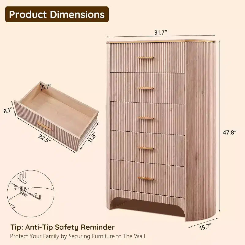 Cassettiera alta a 5 cassetti per camera da letto, cassetti alti 121 cm con maniglie dorate, profilo curvo, cassettiere organizer in legno per soggiorno