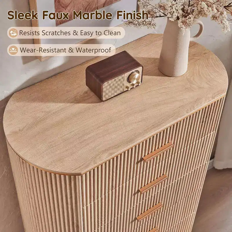 Cassettiera alta a 5 cassetti per camera da letto, cassetti alti 121 cm con maniglie dorate, profilo curvo, cassettiere organizer in legno per soggiorno