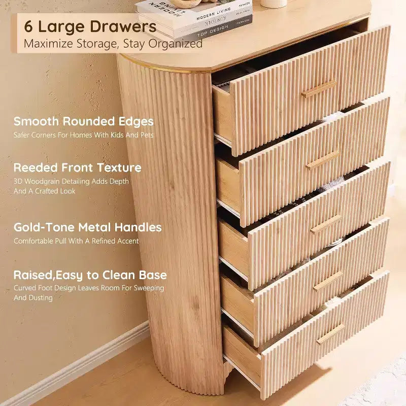 Cassettiera alta a 5 cassetti per camera da letto, cassetti alti 121 cm con maniglie dorate, profilo curvo, cassettiere organizer in legno per soggiorno
