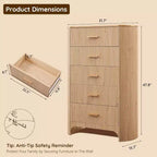 Cassettiera alta a 5 cassetti per camera da letto, cassetti alti 121 cm con maniglie dorate, profilo curvo, cassettiere organizer in legno per soggiorno
