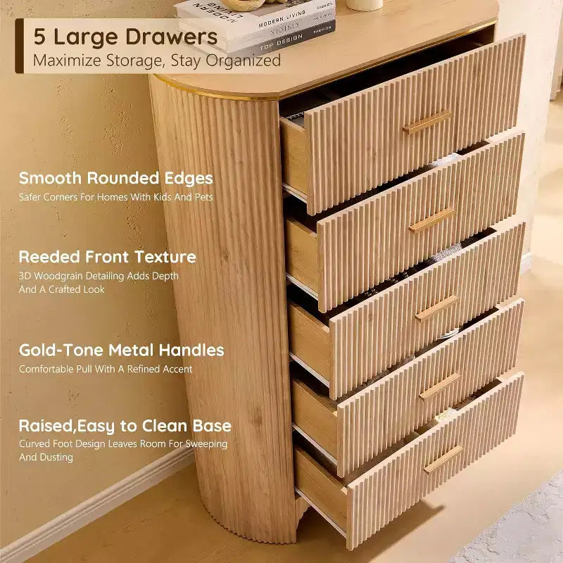 Cassettiera alta a 5 cassetti per camera da letto, cassetti alti 121 cm con maniglie dorate, profilo curvo, cassettiere organizer in legno per soggiorno