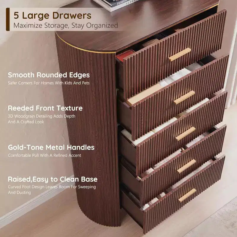 Cassettiera alta a 5 cassetti per camera da letto, cassetti alti 121 cm con maniglie dorate, profilo curvo, cassettiere organizer in legno per soggiorno