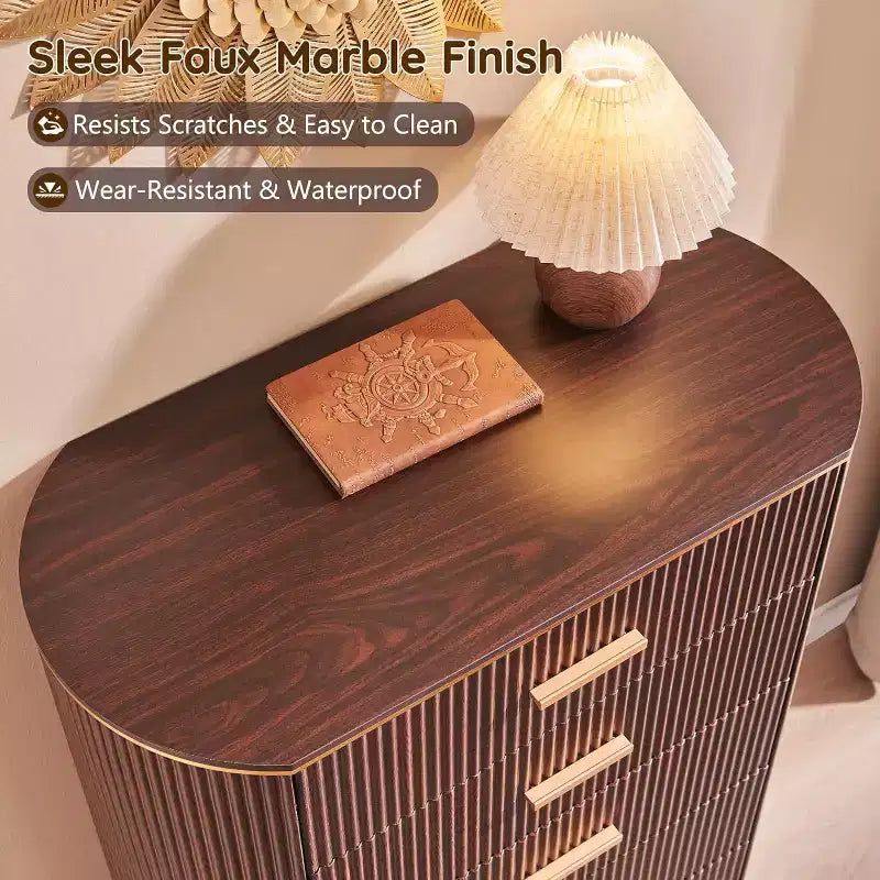 Cassettiera alta a 5 cassetti per camera da letto, cassetti alti 121 cm con maniglie dorate, profilo curvo, cassettiere organizer in legno per soggiorno