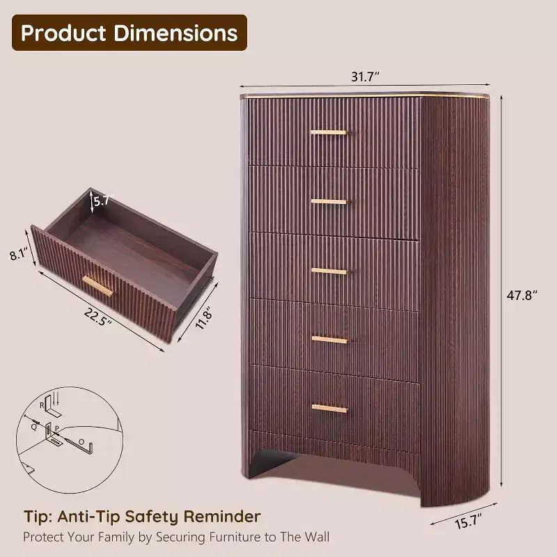 Cassettiera alta a 5 cassetti per camera da letto, cassetti alti 121 cm con maniglie dorate, profilo curvo, cassettiere organizer in legno per soggiorno