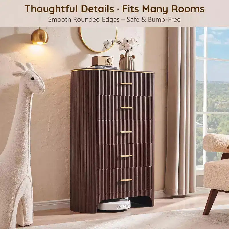 Cassettiera alta a 5 cassetti per camera da letto, cassetti alti 121 cm con maniglie dorate, profilo curvo, cassettiere organizer in legno per soggiorno