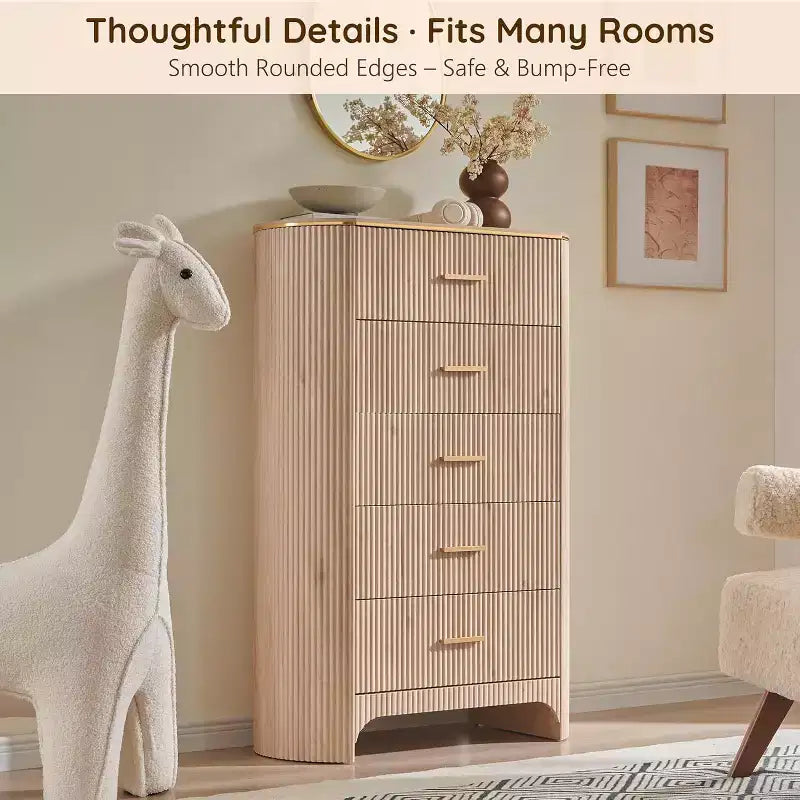 Cassettiera alta a 5 cassetti per camera da letto, cassetti alti 121 cm con maniglie dorate, profilo curvo, cassettiere organizer in legno per soggiorno