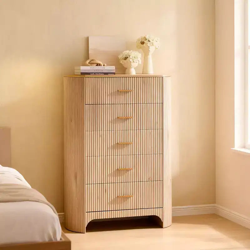 Cassettiera alta a 5 cassetti per camera da letto, cassetti alti 121 cm con maniglie dorate, profilo curvo, cassettiere organizer in legno per soggiorno