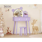 Toeletta per Bambini con Specchio Illuminato e Sgabello, Set Toeletta a Forma di Orso con 2 Cassetti, Tavolino da Trucco per Bambina, Set da Trucco per Giochi di Imitazione