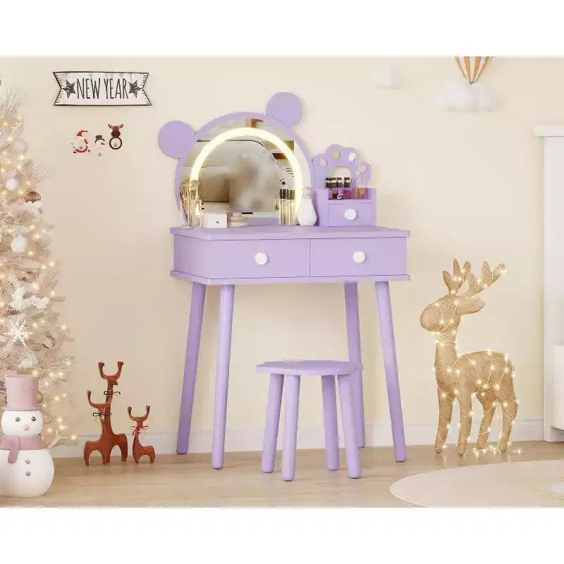 Toeletta per Bambini con Specchio Illuminato e Sgabello, Set Toeletta a Forma di Orso con 2 Cassetti, Tavolino da Trucco per Bambina, Set da Trucco per Giochi di Imitazione