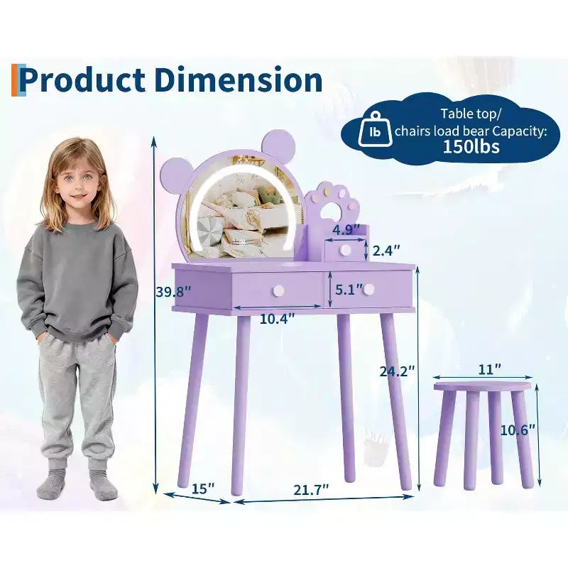 Toeletta per Bambini con Specchio Illuminato e Sgabello, Set Toeletta a Forma di Orso con 2 Cassetti, Tavolino da Trucco per Bambina, Set da Trucco per Giochi di Imitazione