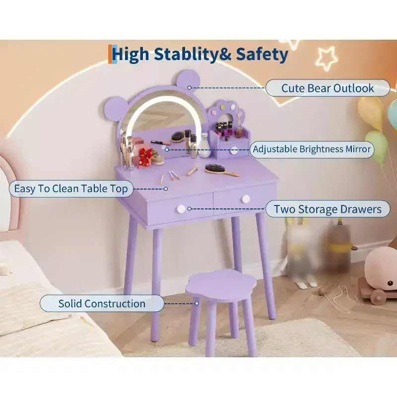 Toeletta per Bambini con Specchio Illuminato e Sgabello, Set Toeletta a Forma di Orso con 2 Cassetti, Tavolino da Trucco per Bambina, Set da Trucco per Giochi di Imitazione