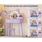 Toeletta per Bambini con Specchio Illuminato e Sgabello, Set Toeletta a Forma di Orso con 2 Cassetti, Tavolino da Trucco per Bambina, Set da Trucco per Giochi di Imitazione