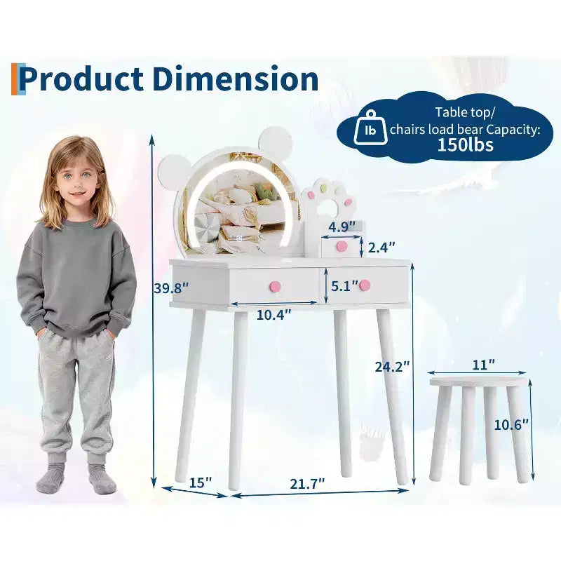 Toeletta per Bambini con Specchio Illuminato e Sgabello, Set Toeletta a Forma di Orso con 2 Cassetti, Tavolino da Trucco per Bambina, Set da Trucco per Giochi di Imitazione