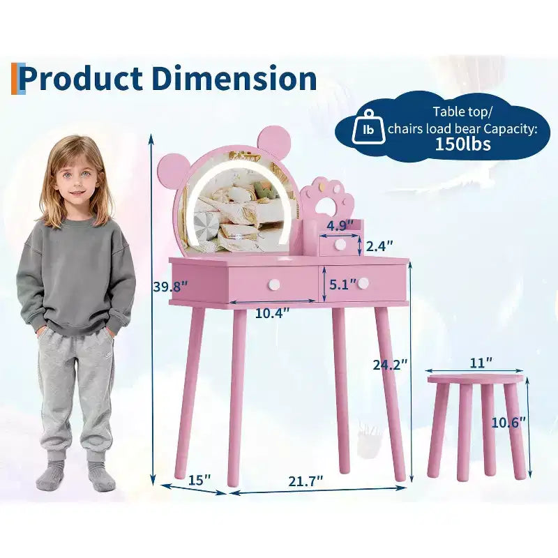 Toeletta per Bambini con Specchio Illuminato e Sgabello, Set Toeletta a Forma di Orso con 2 Cassetti, Tavolino da Trucco per Bambina, Set da Trucco per Giochi di Imitazione