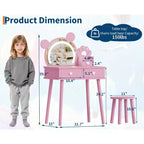 Toeletta per Bambini con Specchio Illuminato e Sgabello, Set Toeletta a Forma di Orso con 2 Cassetti, Tavolino da Trucco per Bambina, Set da Trucco per Giochi di Imitazione