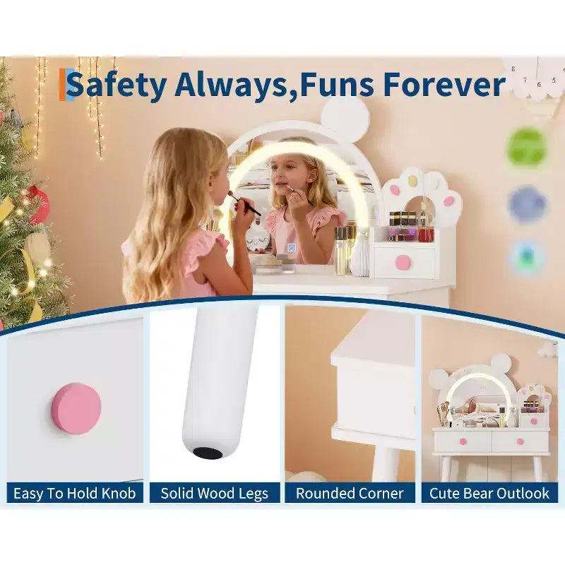 Toeletta per Bambini con Specchio Illuminato e Sgabello, Set Toeletta a Forma di Orso con 2 Cassetti, Tavolino da Trucco per Bambina, Set da Trucco per Giochi di Imitazione