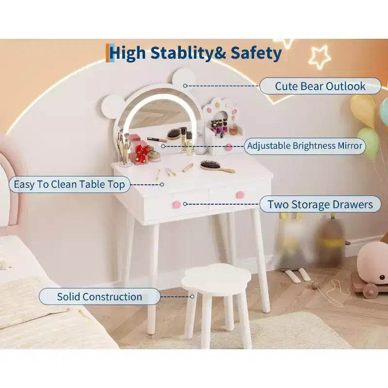 Toeletta per Bambini con Specchio Illuminato e Sgabello, Set Toeletta a Forma di Orso con 2 Cassetti, Tavolino da Trucco per Bambina, Set da Trucco per Giochi di Imitazione
