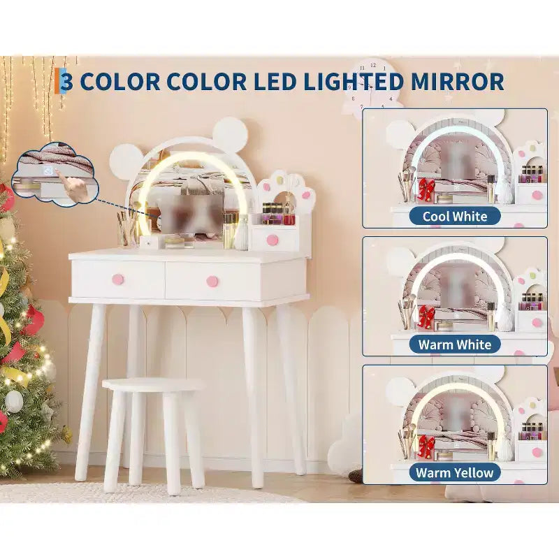 Toeletta per Bambini con Specchio Illuminato e Sgabello, Set Toeletta a Forma di Orso con 2 Cassetti, Tavolino da Trucco per Bambina, Set da Trucco per Giochi di Imitazione