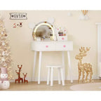 Toeletta per Bambini con Specchio Illuminato e Sgabello, Set Toeletta a Forma di Orso con 2 Cassetti, Tavolino da Trucco per Bambina, Set da Trucco per Giochi di Imitazione
