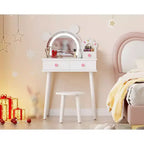 Toeletta per Bambini con Specchio Illuminato e Sgabello, Set Toeletta a Forma di Orso con 2 Cassetti, Tavolino da Trucco per Bambina, Set da Trucco per Giochi di Imitazione