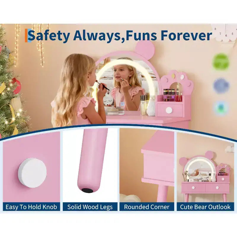 Toeletta per Bambini con Specchio Illuminato e Sgabello, Set Toeletta a Forma di Orso con 2 Cassetti, Tavolino da Trucco per Bambina, Set da Trucco per Giochi di Imitazione