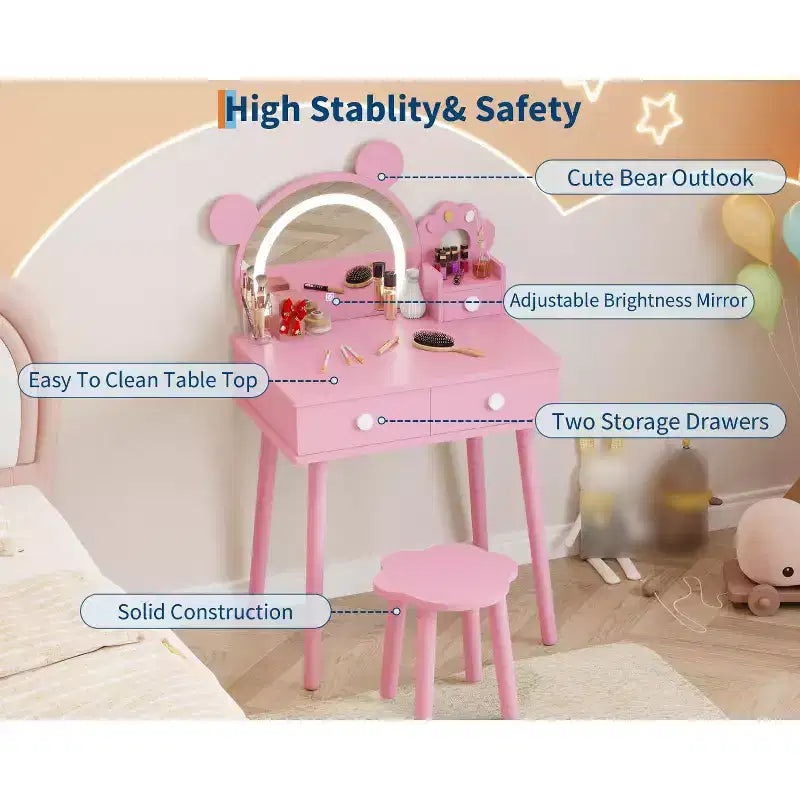 Toeletta per Bambini con Specchio Illuminato e Sgabello, Set Toeletta a Forma di Orso con 2 Cassetti, Tavolino da Trucco per Bambina, Set da Trucco per Giochi di Imitazione