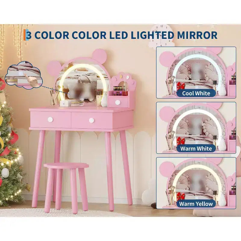 Toeletta per Bambini con Specchio Illuminato e Sgabello, Set Toeletta a Forma di Orso con 2 Cassetti, Tavolino da Trucco per Bambina, Set da Trucco per Giochi di Imitazione