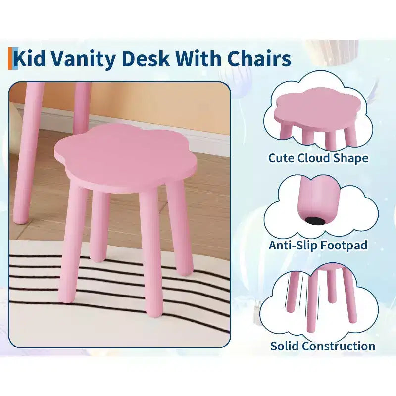 Toeletta per Bambini con Specchio Illuminato e Sgabello, Set Toeletta a Forma di Orso con 2 Cassetti, Tavolino da Trucco per Bambina, Set da Trucco per Giochi di Imitazione