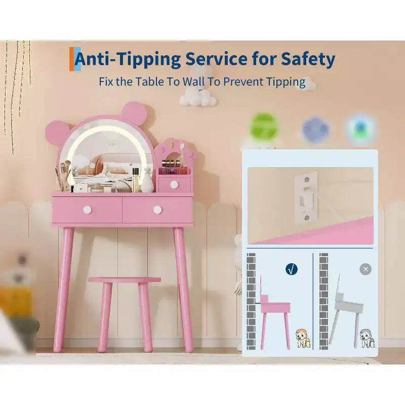Toeletta per Bambini con Specchio Illuminato e Sgabello, Set Toeletta a Forma di Orso con 2 Cassetti, Tavolino da Trucco per Bambina, Set da Trucco per Giochi di Imitazione