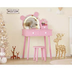 Toeletta per Bambini con Specchio Illuminato e Sgabello, Set Toeletta a Forma di Orso con 2 Cassetti, Tavolino da Trucco per Bambina, Set da Trucco per Giochi di Imitazione