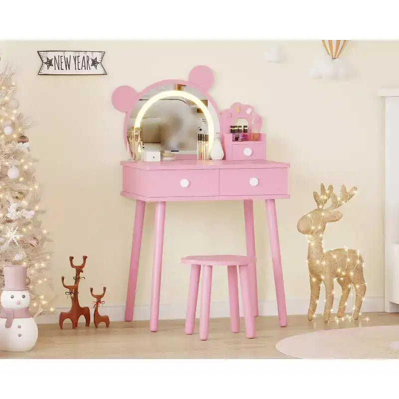 Toeletta per Bambini con Specchio Illuminato e Sgabello, Set Toeletta a Forma di Orso con 2 Cassetti, Tavolino da Trucco per Bambina, Set da Trucco per Giochi di Imitazione