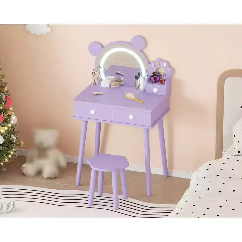 Toeletta per Bambini con Specchio Illuminato e Sgabello, Set Toeletta a Forma di Orso con 2 Cassetti, Tavolino da Trucco per Bambina, Set da Trucco per Giochi di Imitazione