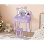 Toeletta per Bambini con Specchio Illuminato e Sgabello, Set Toeletta a Forma di Orso con 2 Cassetti, Tavolino da Trucco per Bambina, Set da Trucco per Giochi di Imitazione