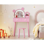 Kids Vanity Table with Lighted Mirror & Stool, Bear-Shaped Vanity Table Set with 2 Drawers, Little Girl Dressing Table, Pretend Play Vanity Set