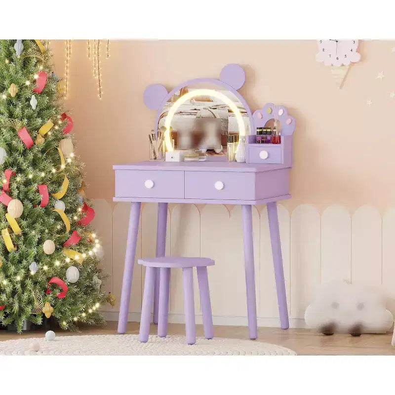 Toeletta per Bambini con Specchio Illuminato e Sgabello, Set Toeletta a Forma di Orso con 2 Cassetti, Tavolino da Trucco per Bambina, Set da Trucco per Giochi di Imitazione