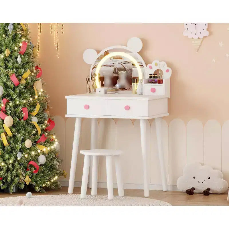 Toeletta per Bambini con Specchio Illuminato e Sgabello, Set Toeletta a Forma di Orso con 2 Cassetti, Tavolino da Trucco per Bambina, Set da Trucco per Giochi di Imitazione