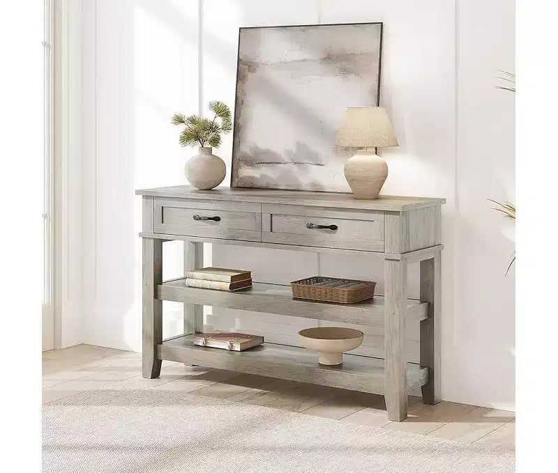 Farmhouse Entryway Console Table C 3-Tier Wooden Sofa Table with 2 Storage Drawers for Hallway, Living Room and Entryway