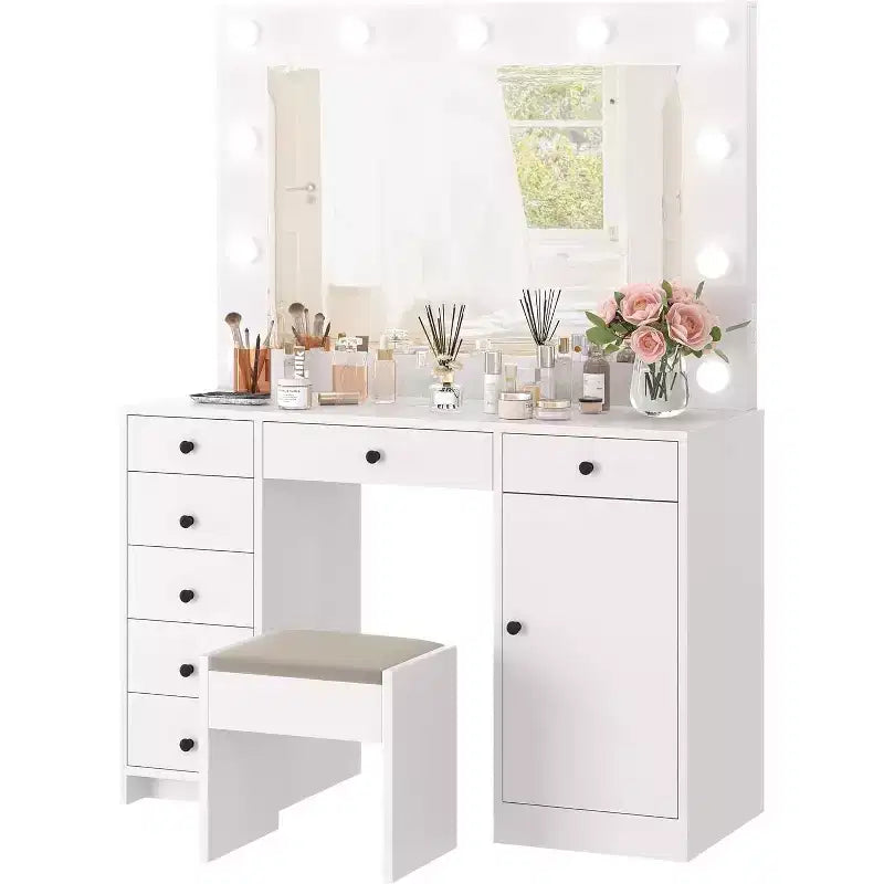 47-inch Modern White Dressing Table with a Mirror, Lamp, Charging Station, 3 Adjustable Light Modes, 7 Storage Drawers and 1 Door