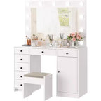 47-inch Modern White Dressing Table with a Mirror, Lamp, Charging Station, 3 Adjustable Light Modes, 7 Storage Drawers and 1 Door