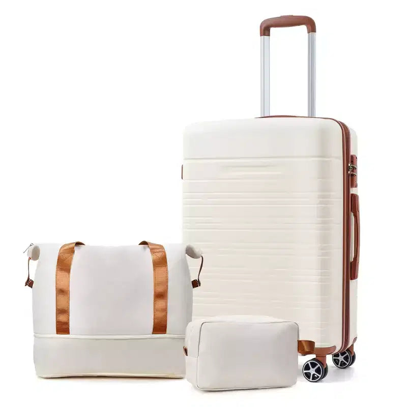 3-Piece Luggage Set - White & Brown Hardside Suitcase Set (20in Carry-On + Duffel, Spinner Wheels & TSA Lock, Airline Approved for Women's Travel)