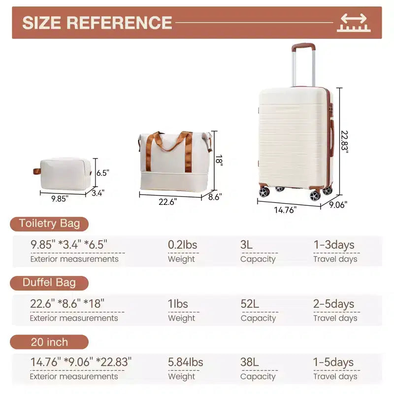 Set Valigie 3 Pezzi - Valigie Rigide Bianche e Marroni (Trolley 20 pollici + Borsone, Ruote Girevoli & Lucchetto TSA, Approvato per Viaggi in Aereo per Donne)