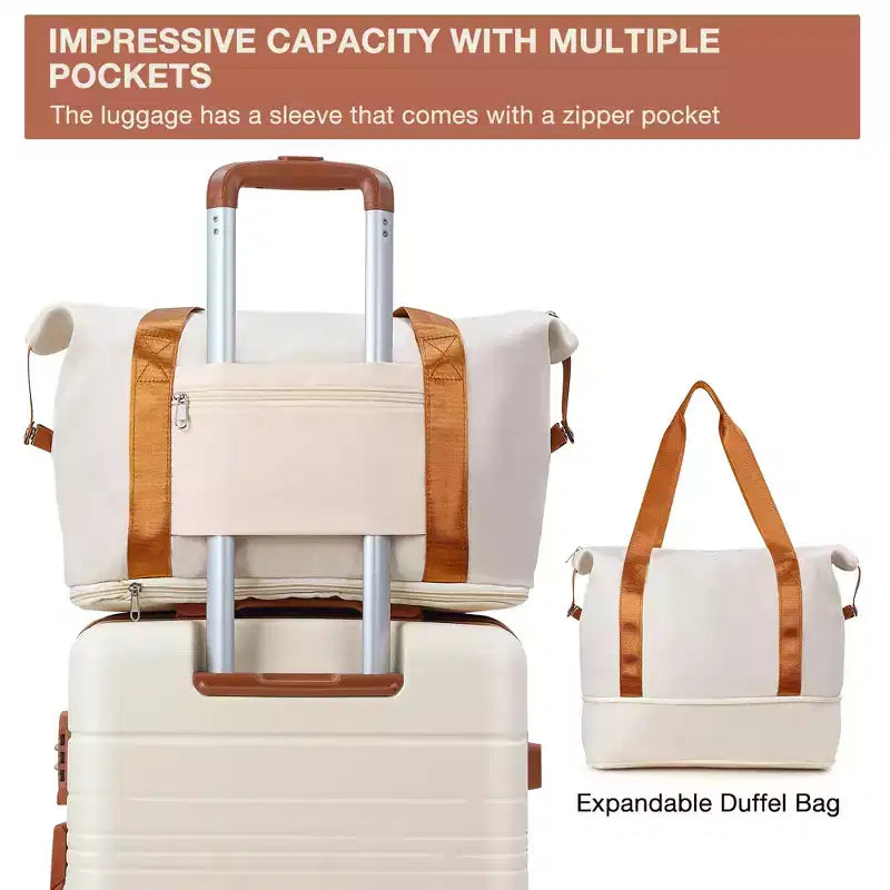 Set Valigie 3 Pezzi - Valigie Rigide Bianche e Marroni (Trolley 20 pollici + Borsone, Ruote Girevoli & Lucchetto TSA, Approvato per Viaggi in Aereo per Donne)