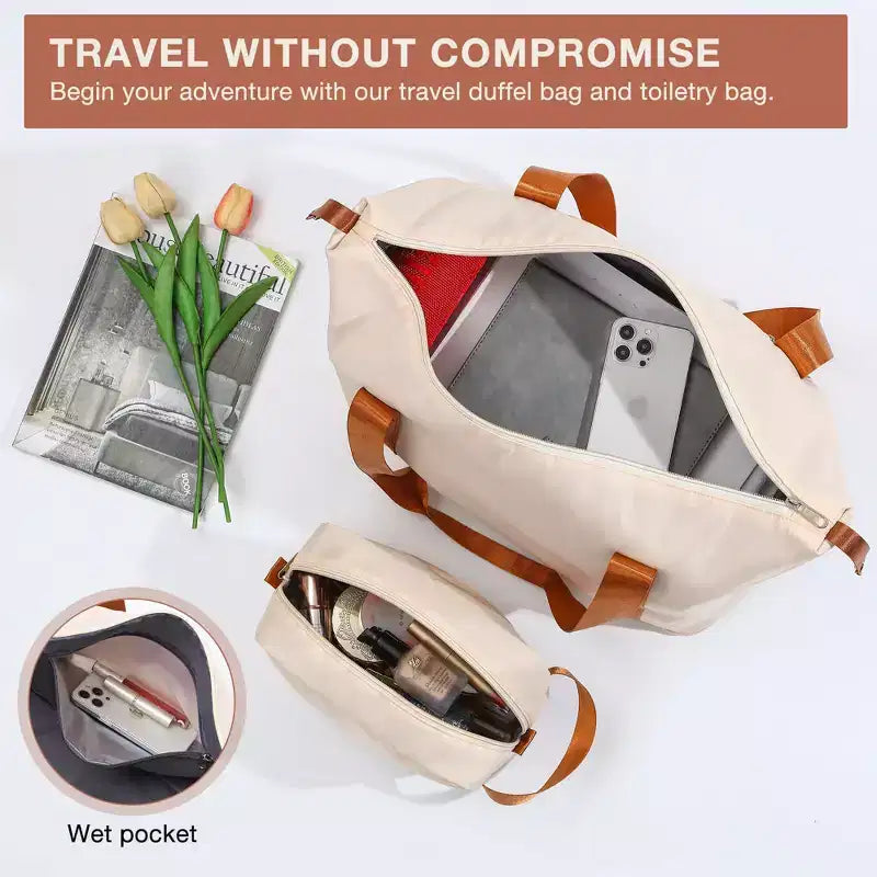 Set Valigie 3 Pezzi - Valigie Rigide Bianche e Marroni (Trolley 20 pollici + Borsone, Ruote Girevoli & Lucchetto TSA, Approvato per Viaggi in Aereo per Donne)
