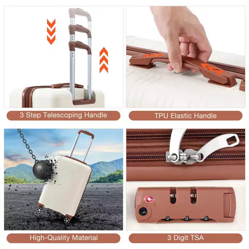 Set Valigie 3 Pezzi - Valigie Rigide Bianche e Marroni (Trolley 20 pollici + Borsone, Ruote Girevoli & Lucchetto TSA, Approvato per Viaggi in Aereo per Donne)