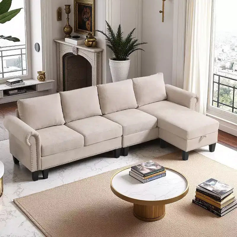 GDFStudio Yorin 106 Modern 4-Seater L-Shaped Velvet Upholstered Convertible Sleeper Sofa with Storage Ottoman