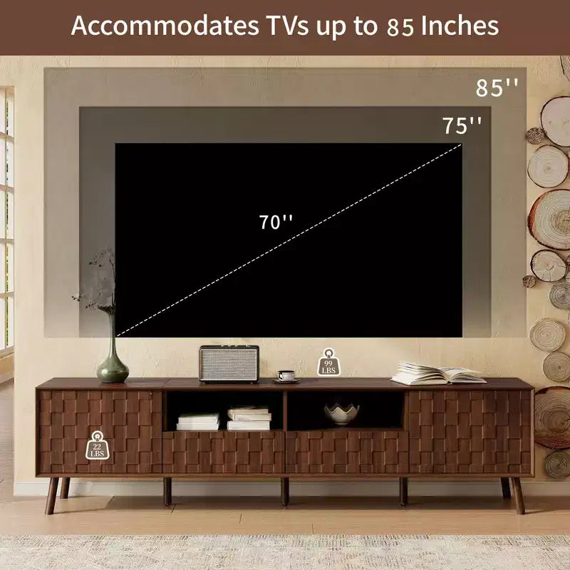 Mobile TV moderno da 78 pollici per televisori fino a 85 pollici, mobile per soggiorno con gambe e cassetti in legno massello